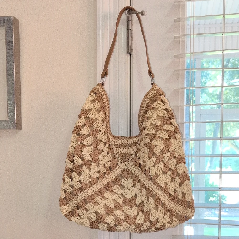 Tan and Cream Woven Hobo Bag